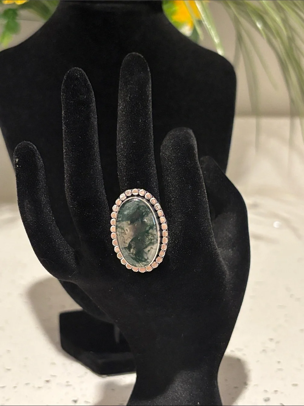 Sterling Silver Moss Agate Oval Statement Ring Size 8